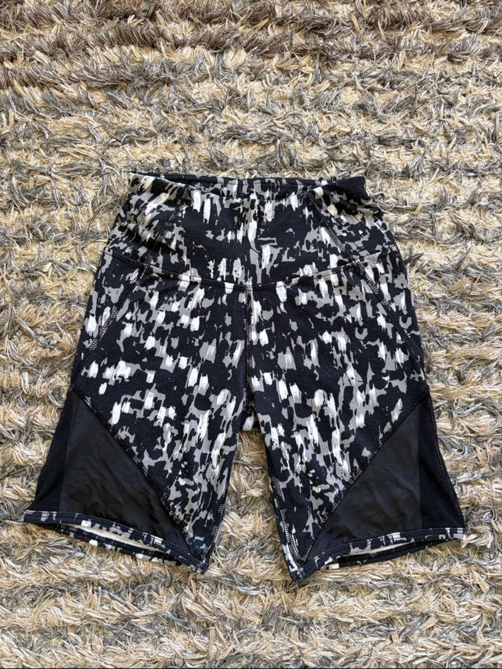 Black & White Abstract Athletic Shorts with Mesh Accents XS